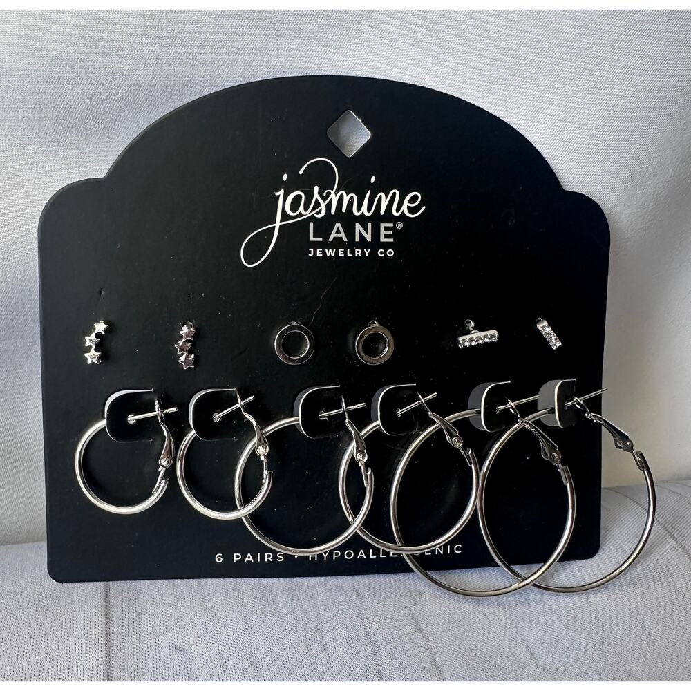 Jasmine Lane Silver Earrings‎ Set 6 Pairs Hoops Studs Hypoallergenic NEW